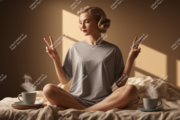 Woman peace gesture coffee morning image
