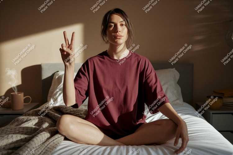 Woman peace sign morning light image