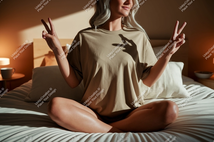 Woman peace sign relaxed bedroom image