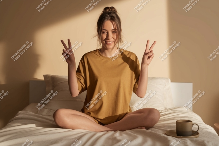 Woman peace gesture on bed sitting