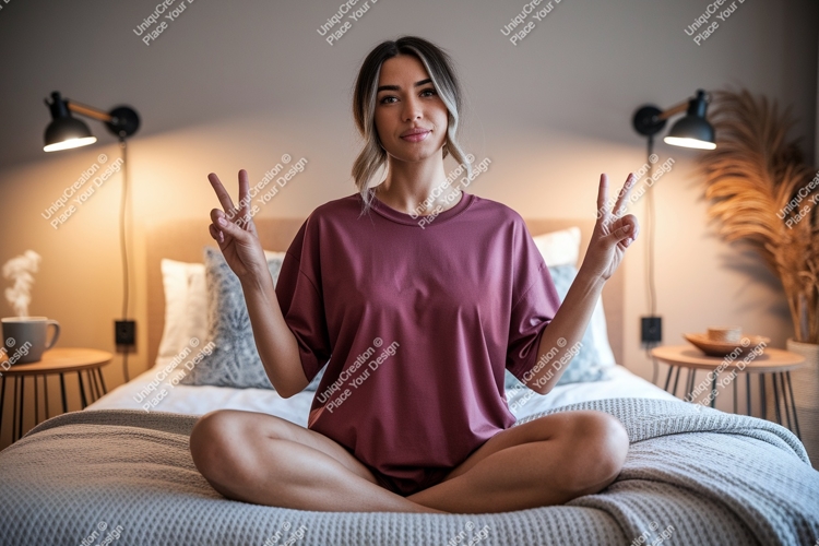 Woman peace sign gesture in bedroom sitting