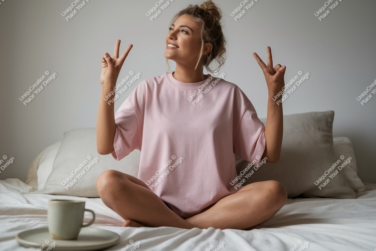 Young woman peace sign on bed pink