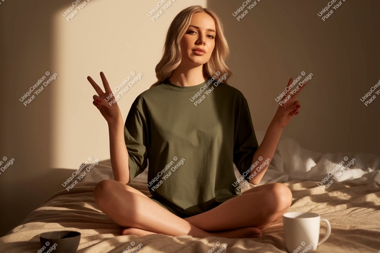Blonde woman peace sign mockup green
