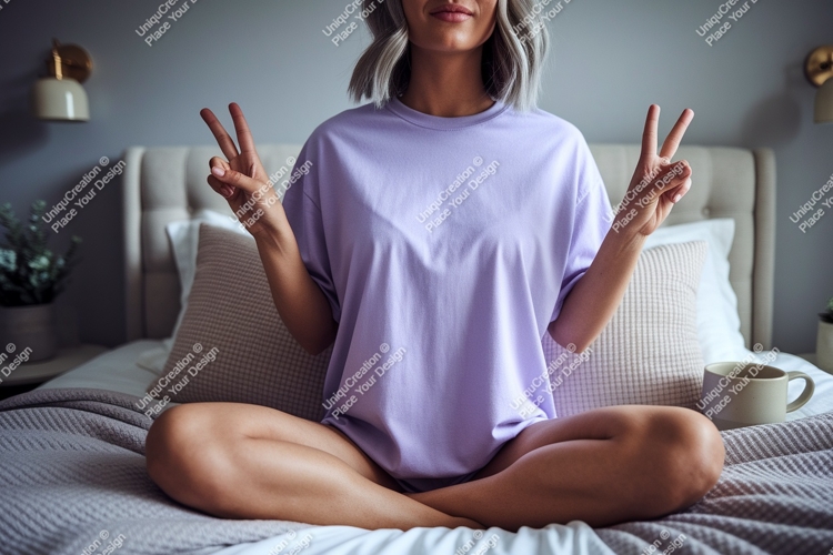 Woman peace sign purple shirt mockup image