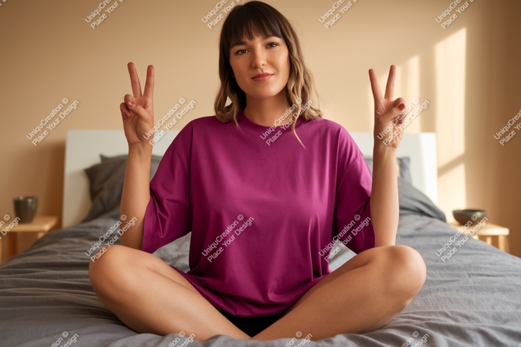 Woman wearing purple t-shirt peace sign image