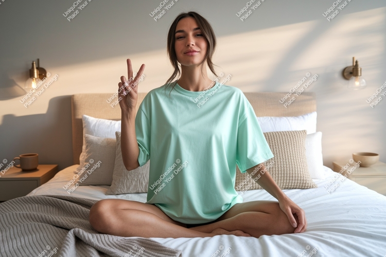 Woman peace sign mint t shirt mockup image