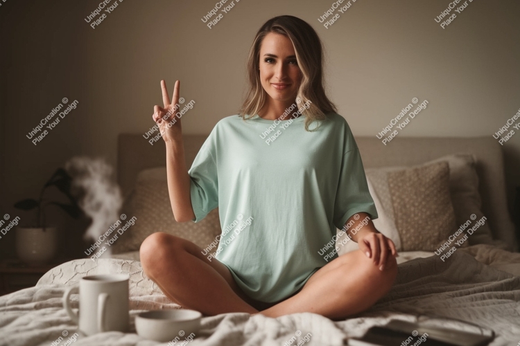 Woman peace sign mint shirt bed image