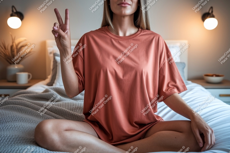 Woman wearing terracotta t shirt peace sign