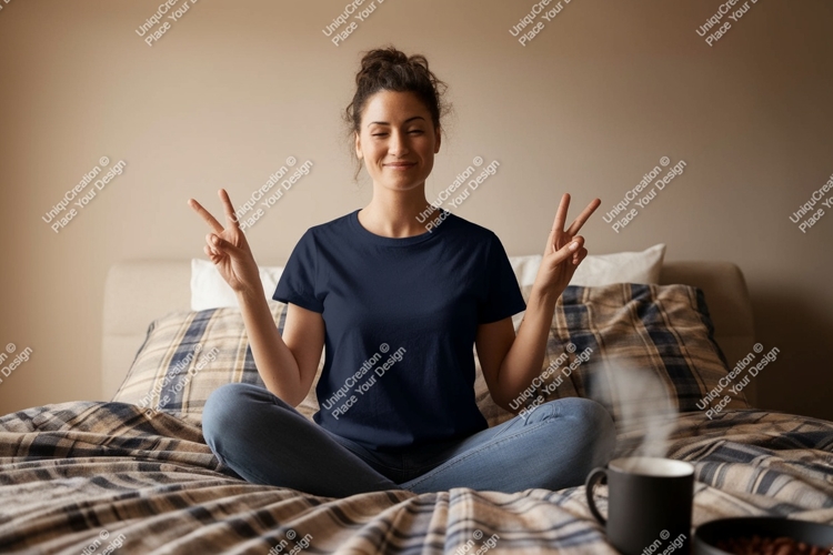 Woman peace sign dark shirt jeans image