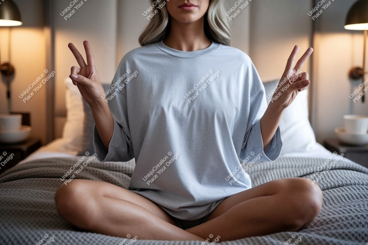 Woman peace sign grey shirt mockup image