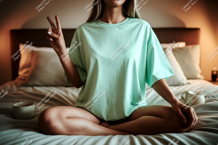 Woman wearing mint t shirt peace sign image