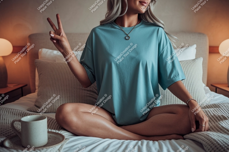 Woman wearing blue t shirt peace sign mockup t-shirt