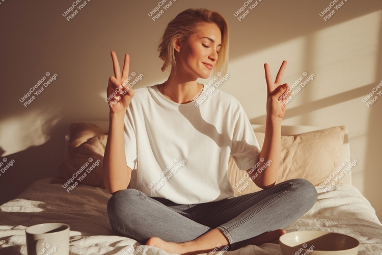 Woman peace gesture relaxed morning image