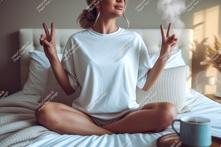 Woman wearing white t-shirt peace sign image