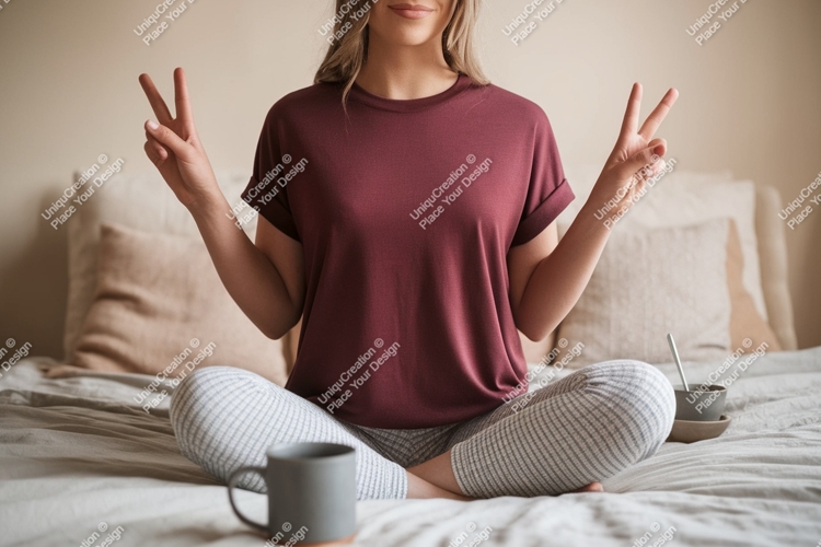 Format: Title: Woman wearing maroon t shirt and grey pants