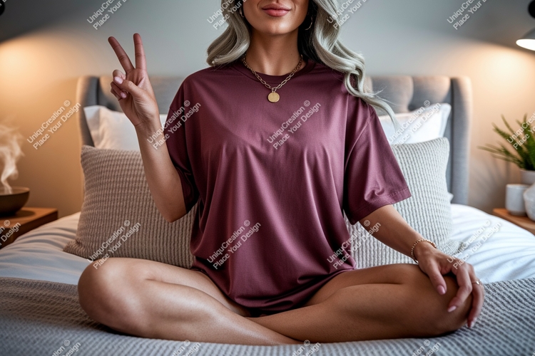 Woman wearing maroon t shirt peace sign image