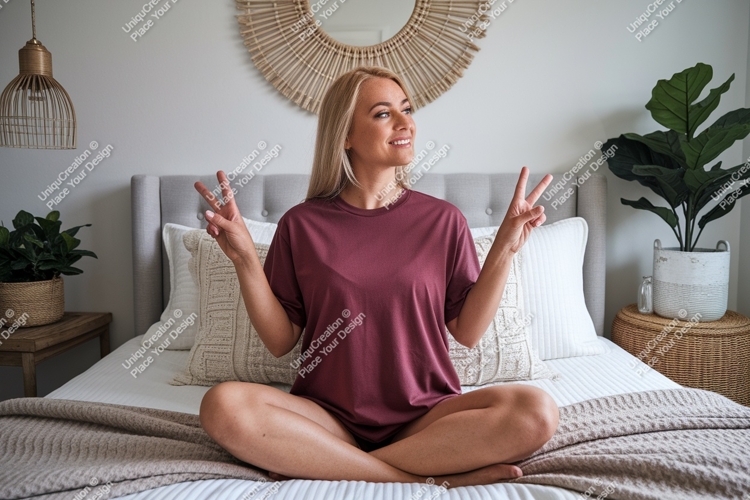 Woman peace sign bedroom mockup image