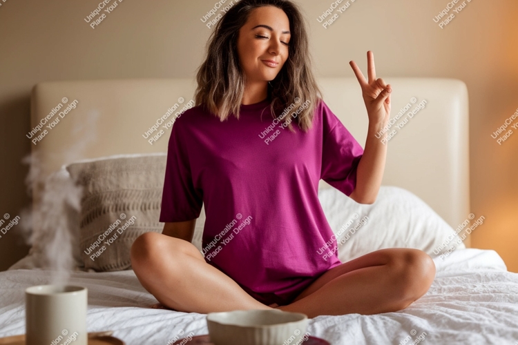 Woman peace sign magenta shirt image
