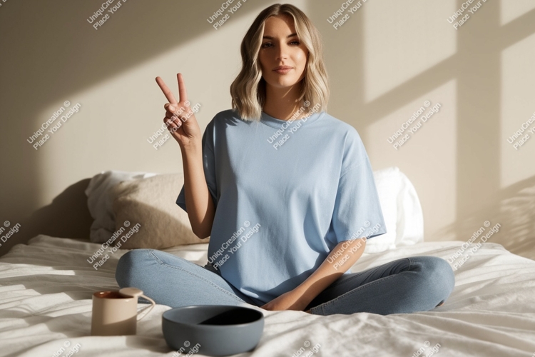 Woman peace sign blue shirt jeans mockup image