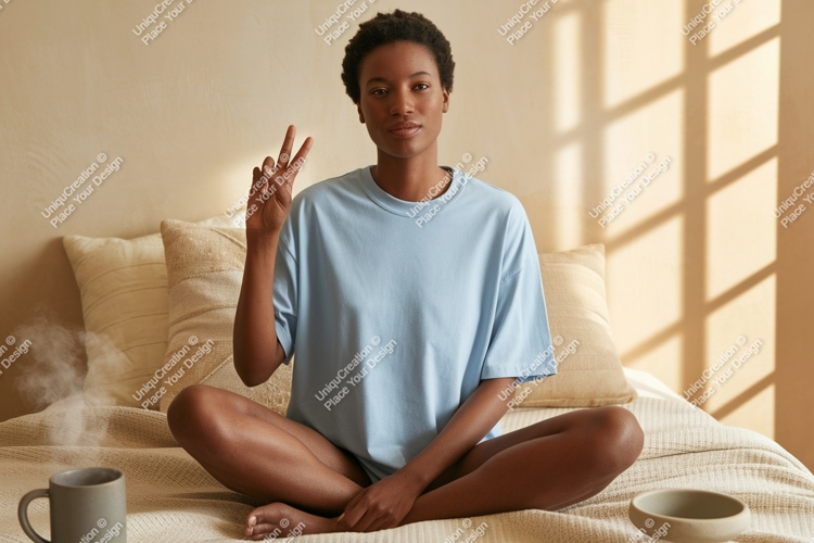 Woman in beige sweatshirt indoors mockup