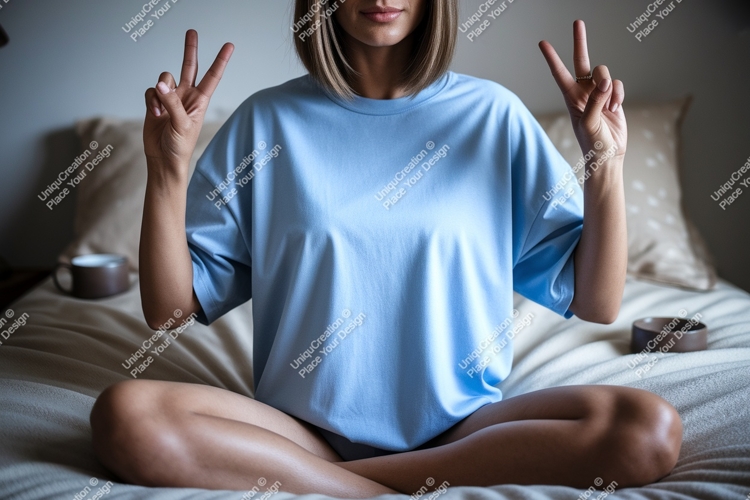 Woman blue shirt peace sign mockup image