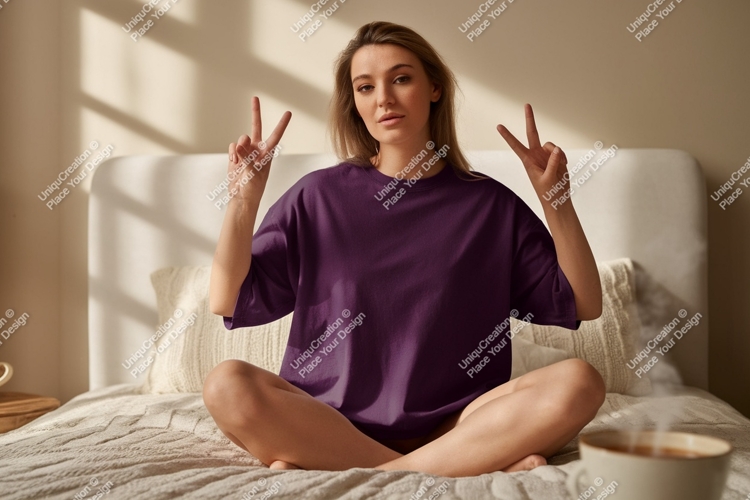 Woman wearing purple t shirt peace sign image