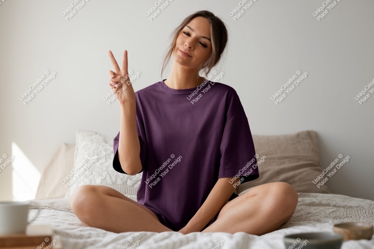 Woman peace sign purple shirt mockup image