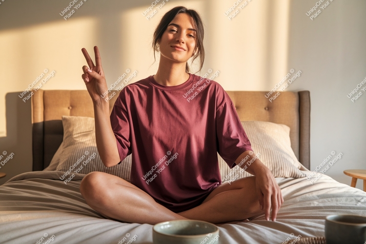 Woman peace sign comfortable sitting