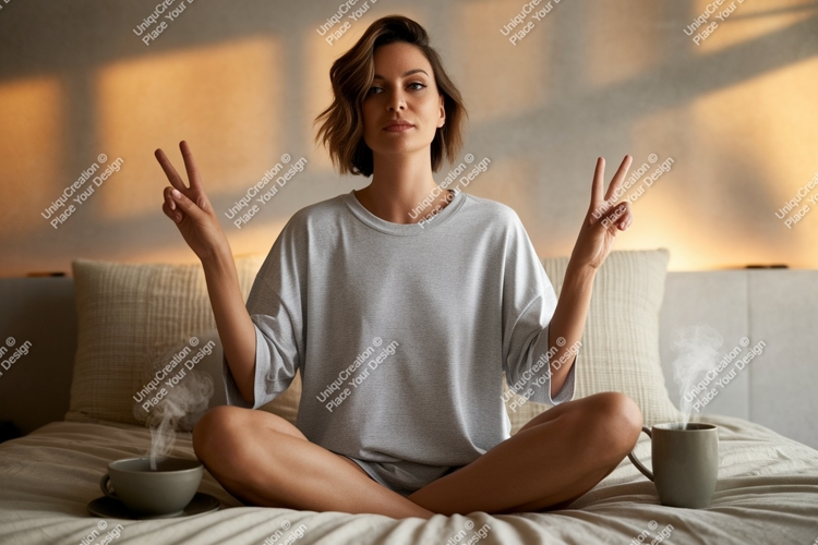Woman meditating with coffee meditation morning