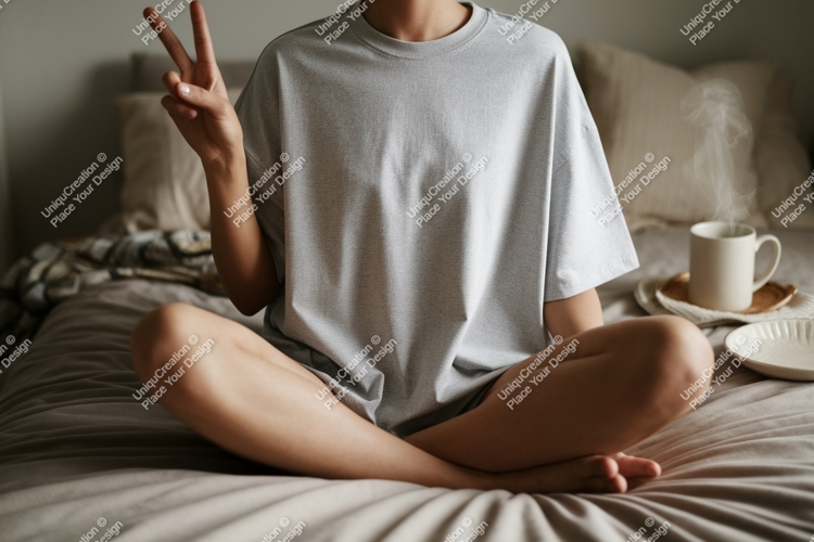 Person wearing grey t shirt peace sign coffee image