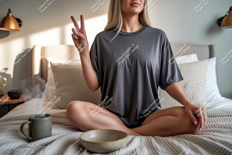 Woman peace sign grey t shirt mockup image