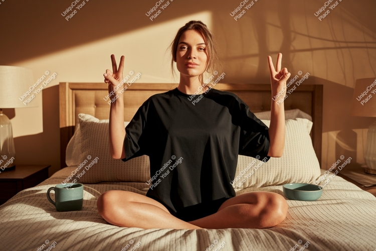 Woman peaceful gesture on bed black