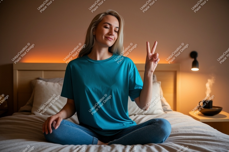 Woman peaceful gesture blue shirt image