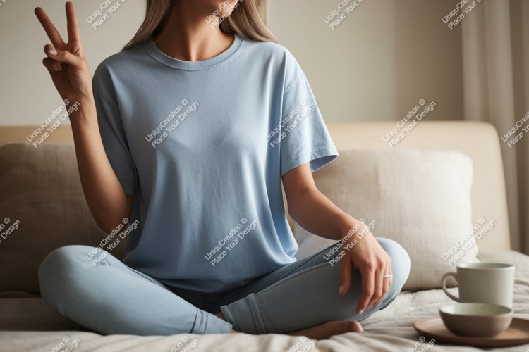 Woman wearing blue t shirt and pants peace sign image