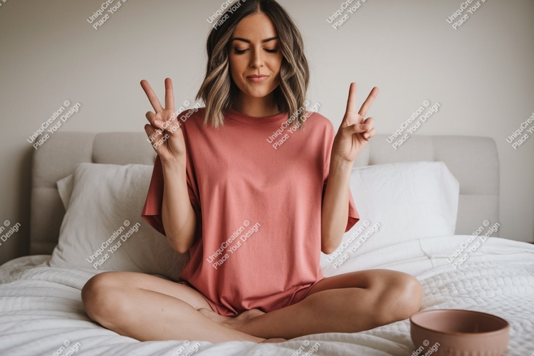 Woman peace sign gesture in bed image