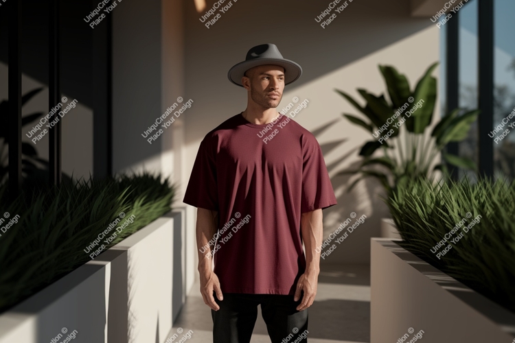 Man wearing maroon t shirt and grey hat image