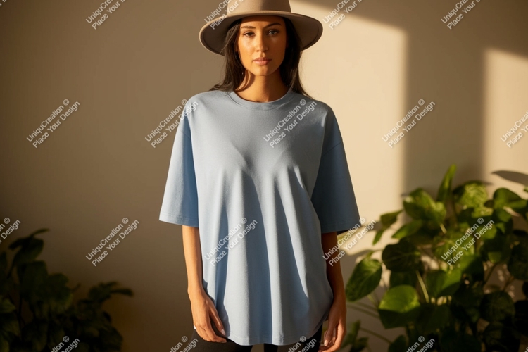 Woman wearing light blue t shirt and hat image
