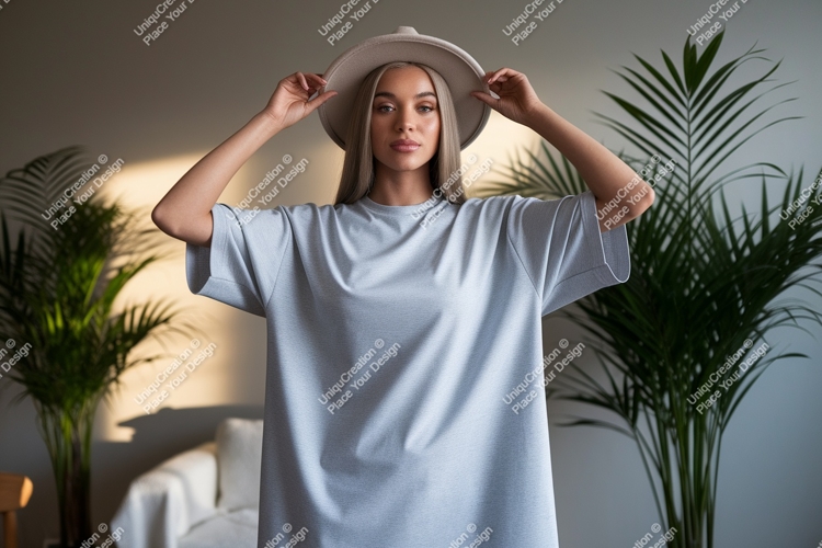 Woman wearing light grey t shirt and beige hat image
