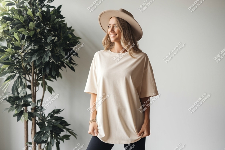 Woman wearing oversized cream t shirt and hat image