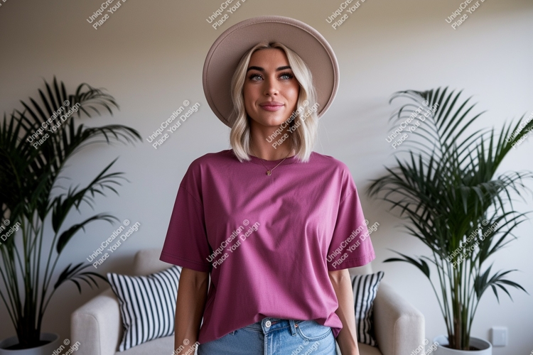 Blonde woman wearing pink t-shirt and hat example image 1
