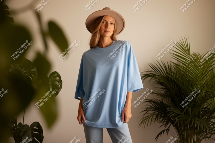 Woman wearing light blue oversized t shirt mockup t-shirt