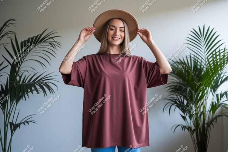 Woman wearing oversized maroon t shirt and hat mockup