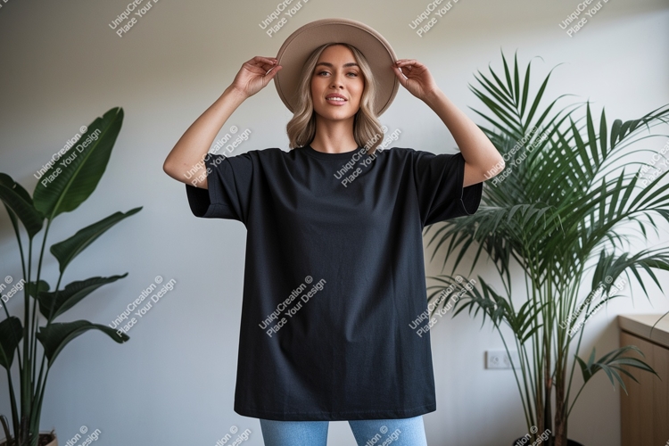Woman wearing black t shirt and hat image