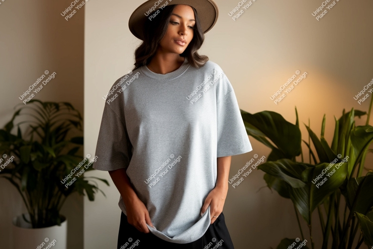 Woman wearing grey t shirt and hat t-shirt plants