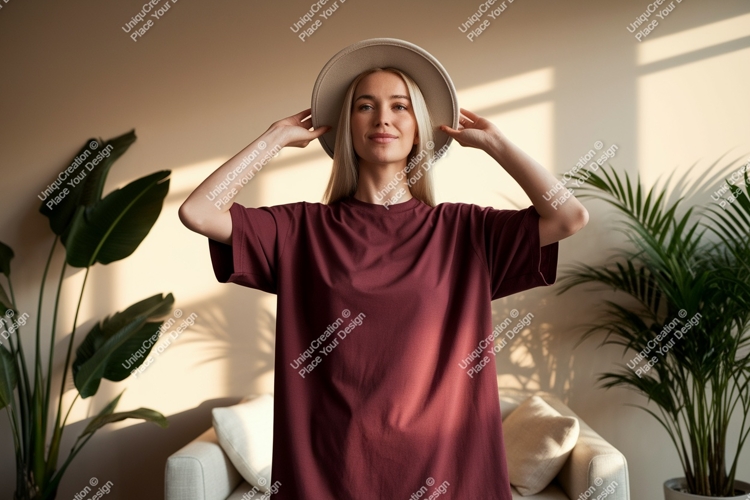 Woman wearing maroon t shirt and hat image