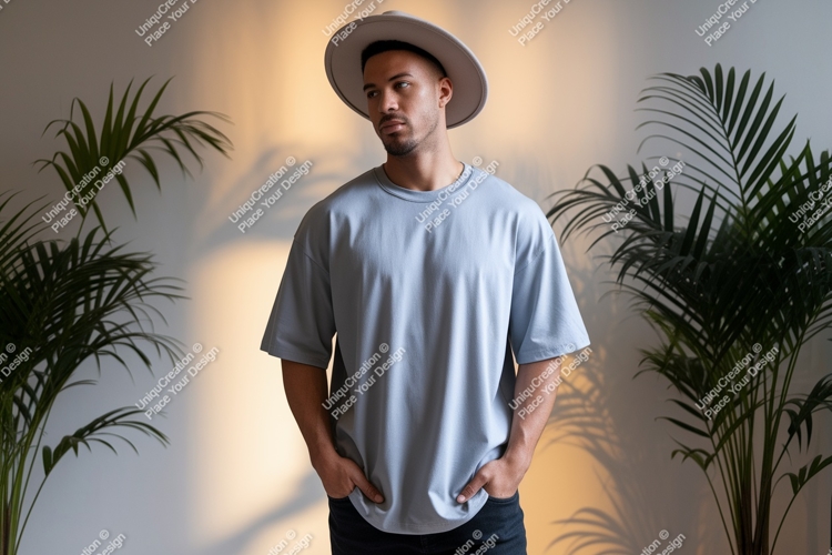 Man wearing grey t shirt and hat image