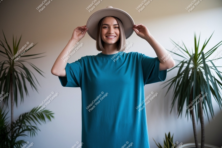 Woman wearing teal t shirt and hat image