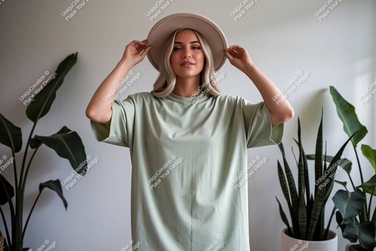 Woman wearing green dress and hat plants