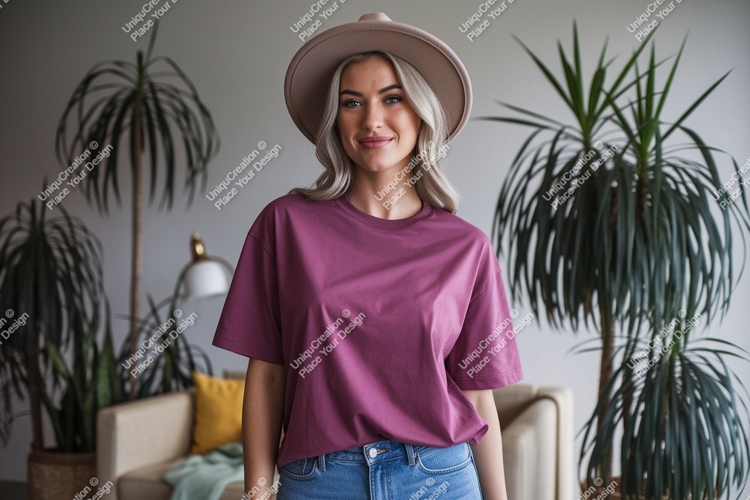 Woman wearing purple t shirt and hat image