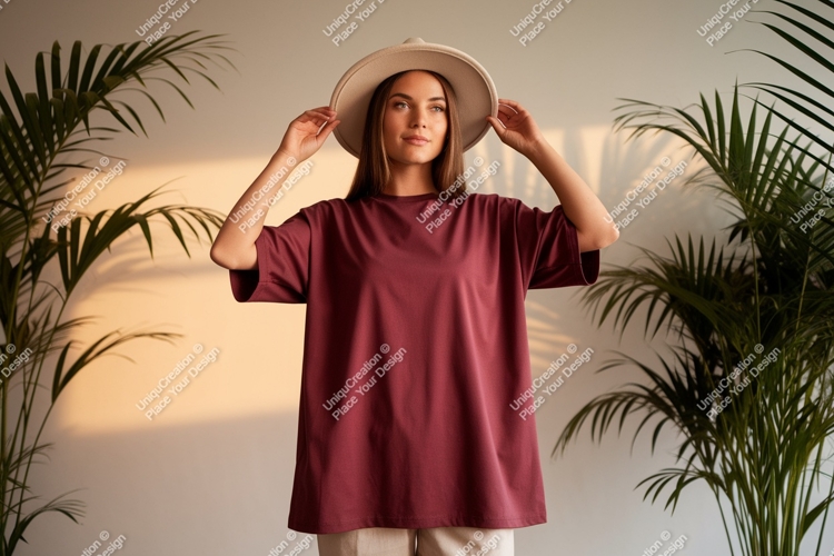 Woman wearing maroon t-shirt and hat
